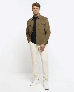 River Island regular fit zip up overshirt Khaki Fashion