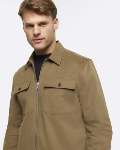 River Island regular fit zip up overshirt Khaki Fashion