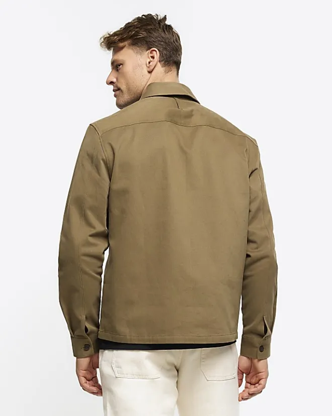 River Island regular fit zip up overshirt Khaki Fashion