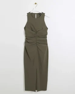 River Island ruched split bodycon midi dress Khaki Hot