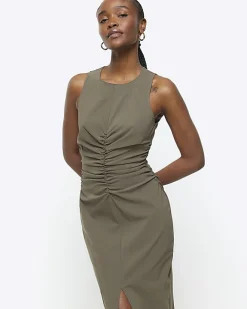 River Island ruched split bodycon midi dress Khaki Hot