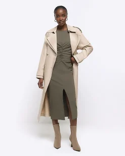 River Island ruched split bodycon midi dress Khaki Hot