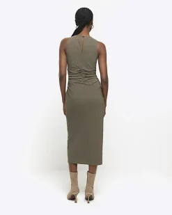 River Island ruched split bodycon midi dress Khaki Hot