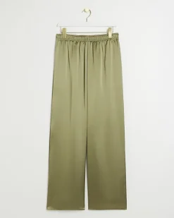 River Island satin pull on wide leg trousers Khaki New