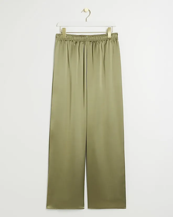 River Island satin pull on wide leg trousers Khaki New