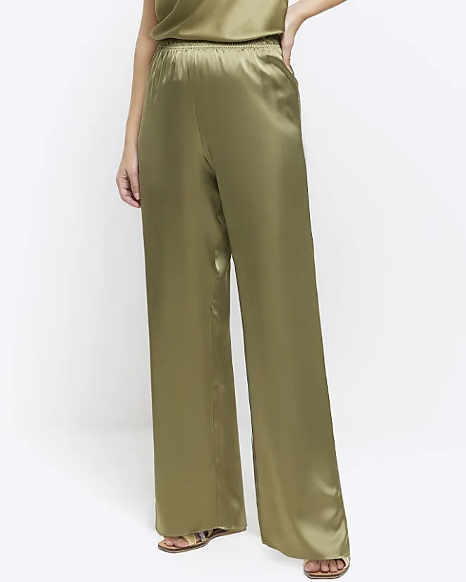 River Island satin pull on wide leg trousers Khaki New