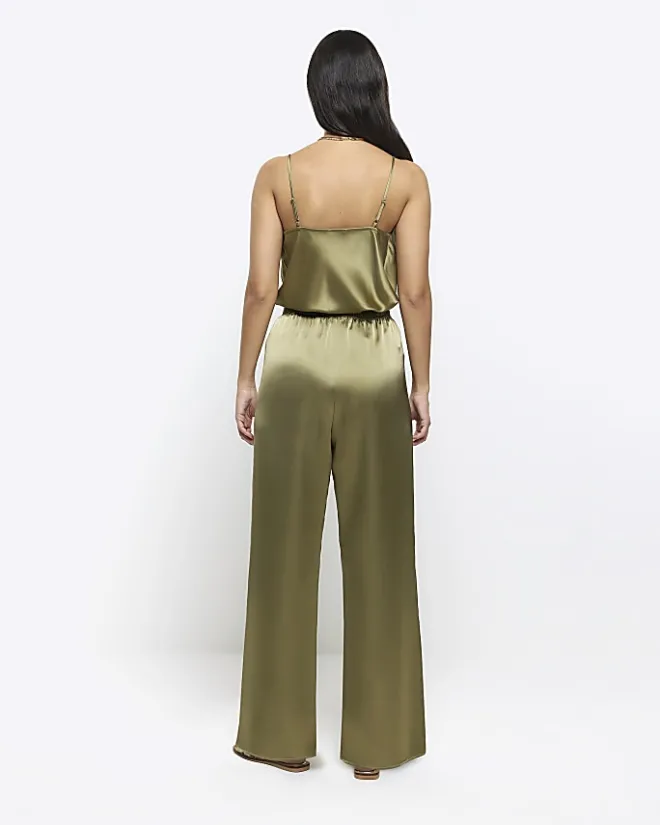 River Island satin pull on wide leg trousers Khaki New