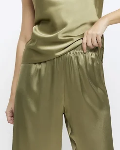 River Island satin pull on wide leg trousers Khaki New