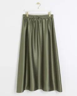 River Island Satin Tie Waist Maxi Skirt Khaki Outlet