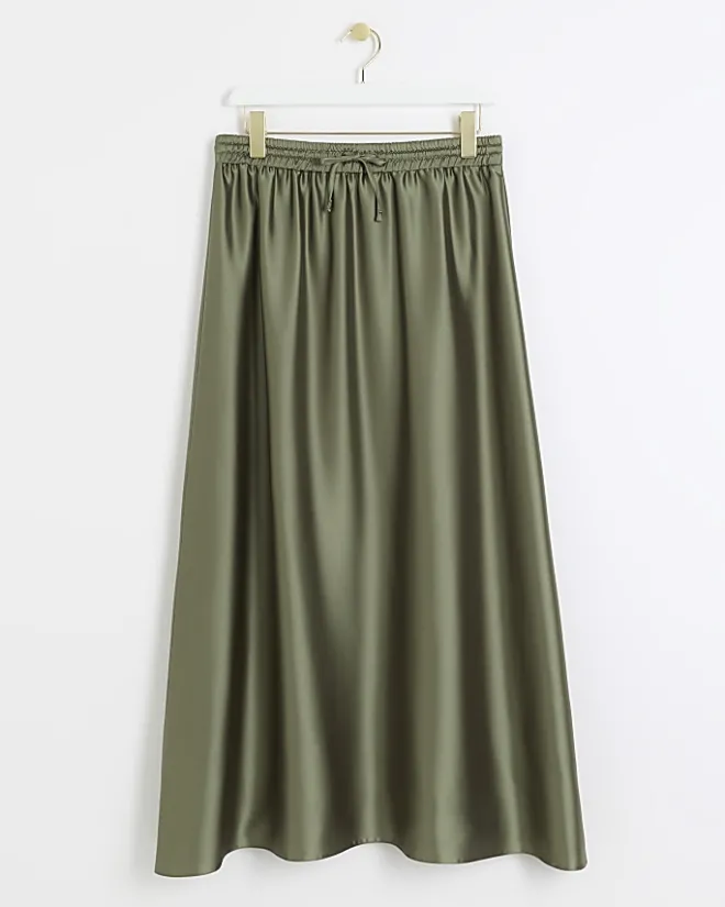 River Island Satin Tie Waist Maxi Skirt Khaki Outlet