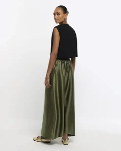 River Island Satin Tie Waist Maxi Skirt Khaki Outlet