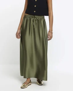 River Island Satin Tie Waist Maxi Skirt Khaki Outlet