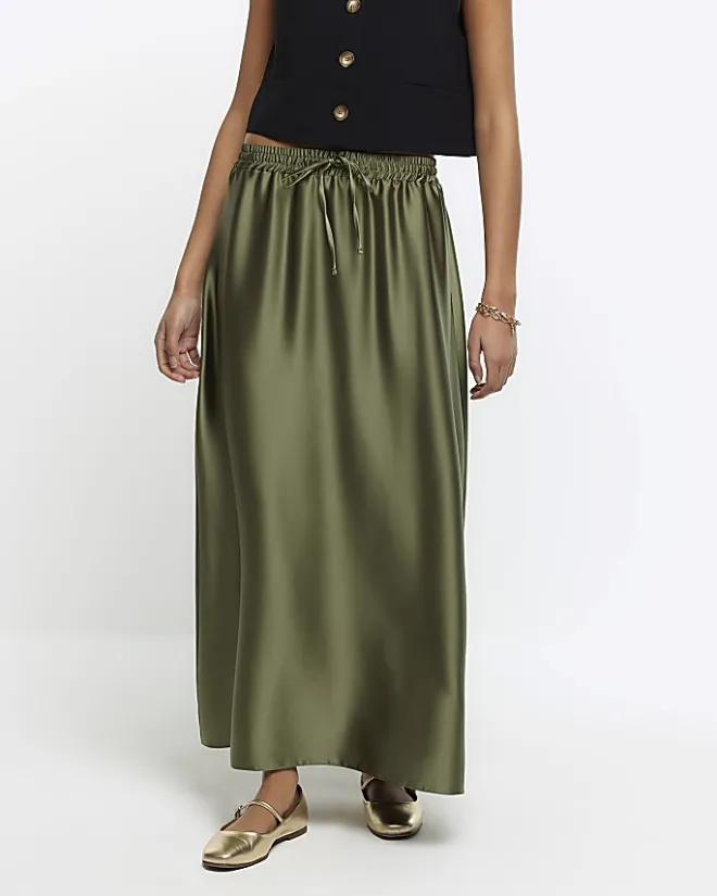 River Island Satin Tie Waist Maxi Skirt Khaki Outlet