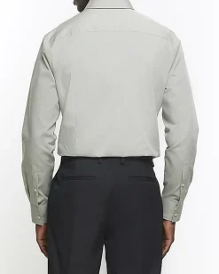 River Island slim fit long sleeve smart shirt Khaki Outlet