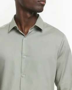 River Island slim fit long sleeve smart shirt Khaki Outlet