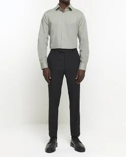 River Island slim fit long sleeve smart shirt Khaki Outlet