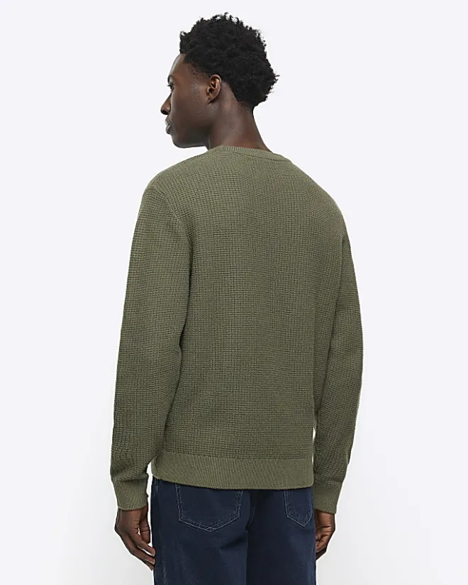 River Island slim fit waffle texture jumper Khaki Fashion