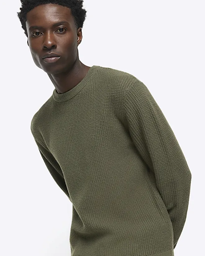 River Island slim fit waffle texture jumper Khaki Fashion