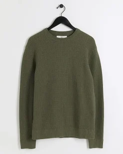River Island slim fit waffle texture jumper Khaki Fashion