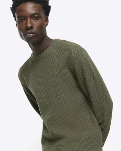 River Island slim fit waffle texture jumper Khaki Fashion