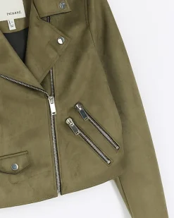 River Island suedette crop biker jacket Khaki New