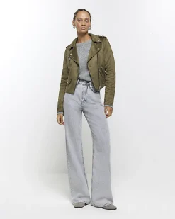 River Island suedette crop biker jacket Khaki New