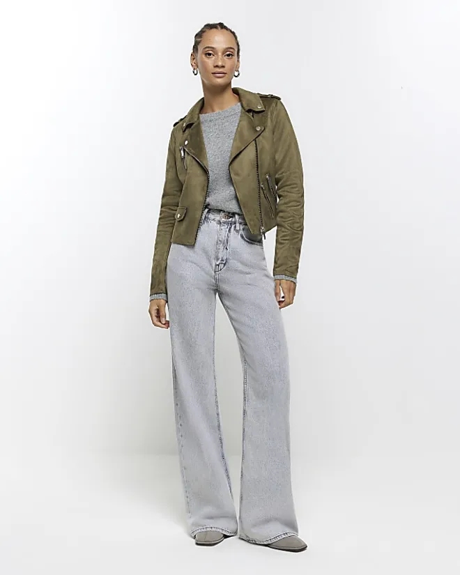 River Island suedette crop biker jacket Khaki New