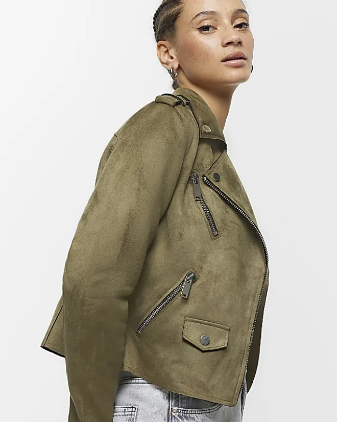 River Island suedette crop biker jacket Khaki New