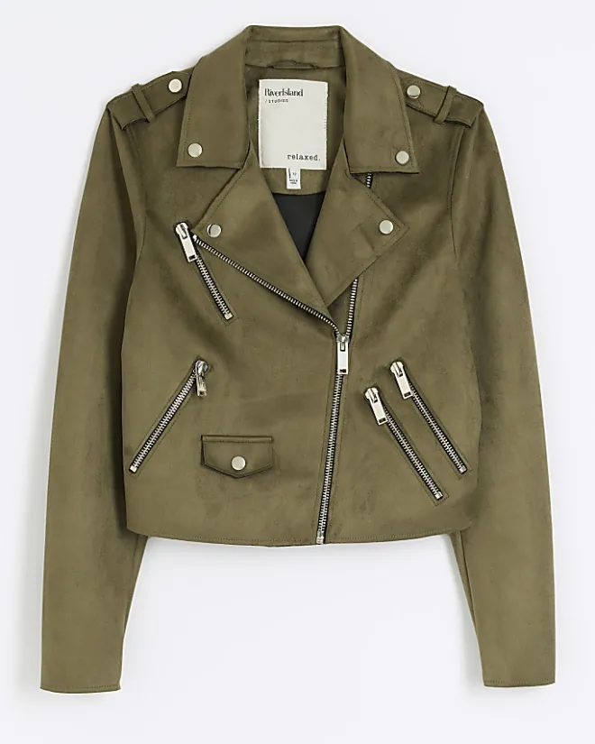 River Island suedette crop biker jacket Khaki New