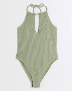 River Island textured halter swimsuit Khaki Clearance