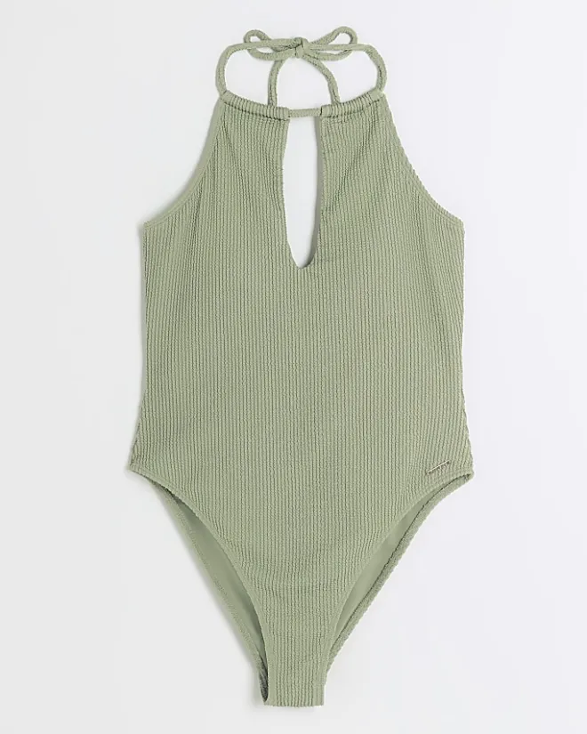 River Island textured halter swimsuit Khaki Clearance