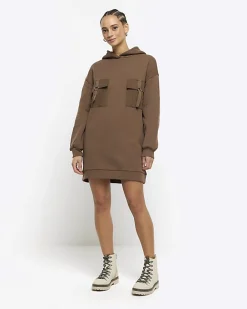 River Island utility hooded sweatshirt mini dress Khaki Hot