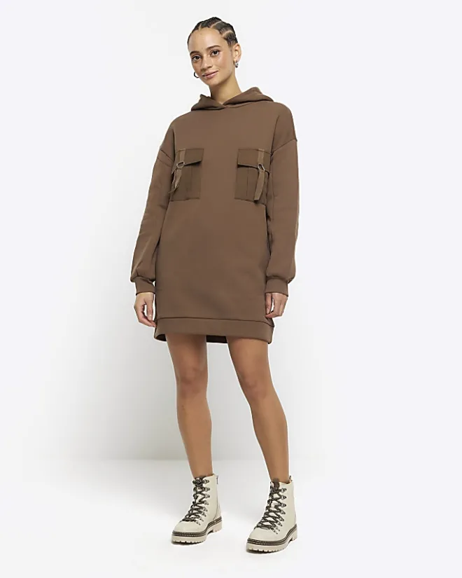 River Island utility hooded sweatshirt mini dress Khaki Hot