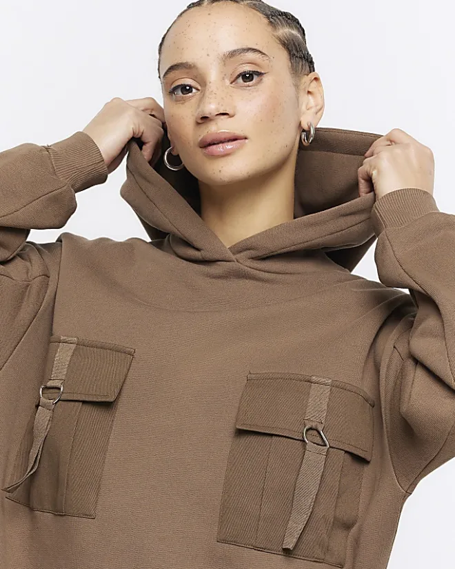 River Island utility hooded sweatshirt mini dress Khaki Hot