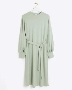 River Island Light tie waist sweatshirt midi dress Green Sale