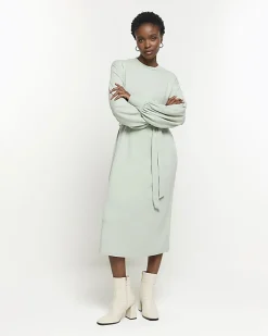 River Island Light tie waist sweatshirt midi dress Green Sale