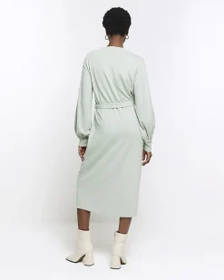 River Island Light tie waist sweatshirt midi dress Green Sale