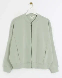 River Island Light Green zip up bomber sweatshirt Khaki Fashion