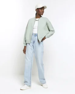 River Island Light Green zip up bomber sweatshirt Khaki Fashion