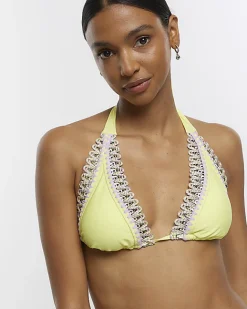 River Island Lime stitch detail triangle bikini top Green Hot