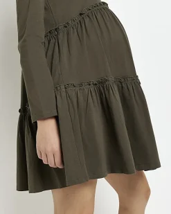 River Island Maternity long sleeve frill mini dress Khaki Clearance