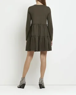 River Island Maternity long sleeve frill mini dress Khaki Clearance