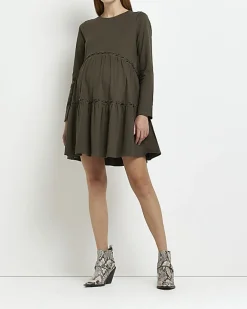 River Island Maternity long sleeve frill mini dress Khaki Clearance