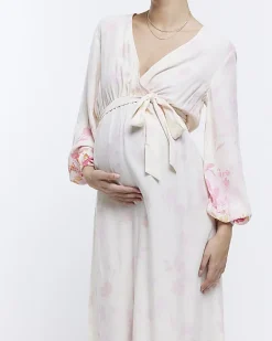 River Island Maternity front wrap floral maxi Dress Pink Discount