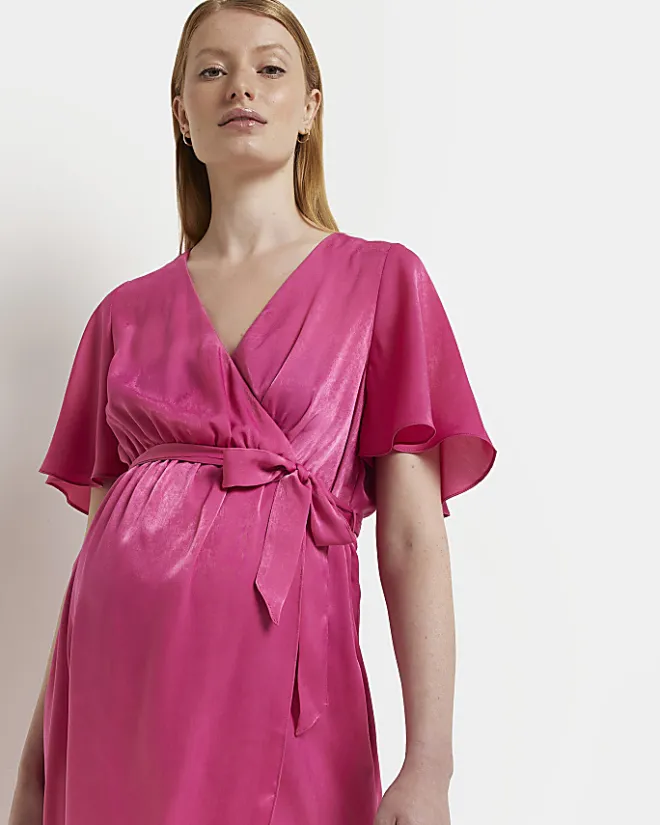 River Island Maternity satin wrap midi dress Pink Discount