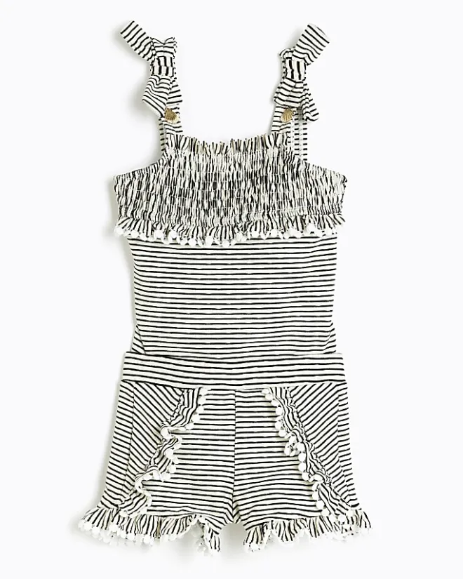 River Island Mini girls stripe frill swimsuit set Black New