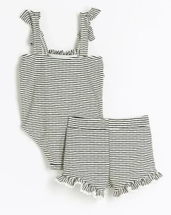 River Island Mini girls stripe frill swimsuit set Black New