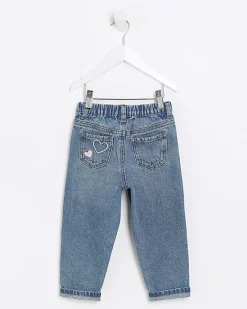 River Island Mini girls embroidered heart mom jeans Blue Fashion