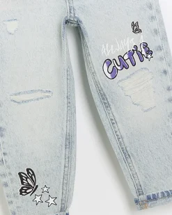River Island Mini girls graffiti mom jeans Blue Clearance