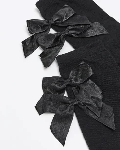 River Island Mini girls bow knee high socks Black New
